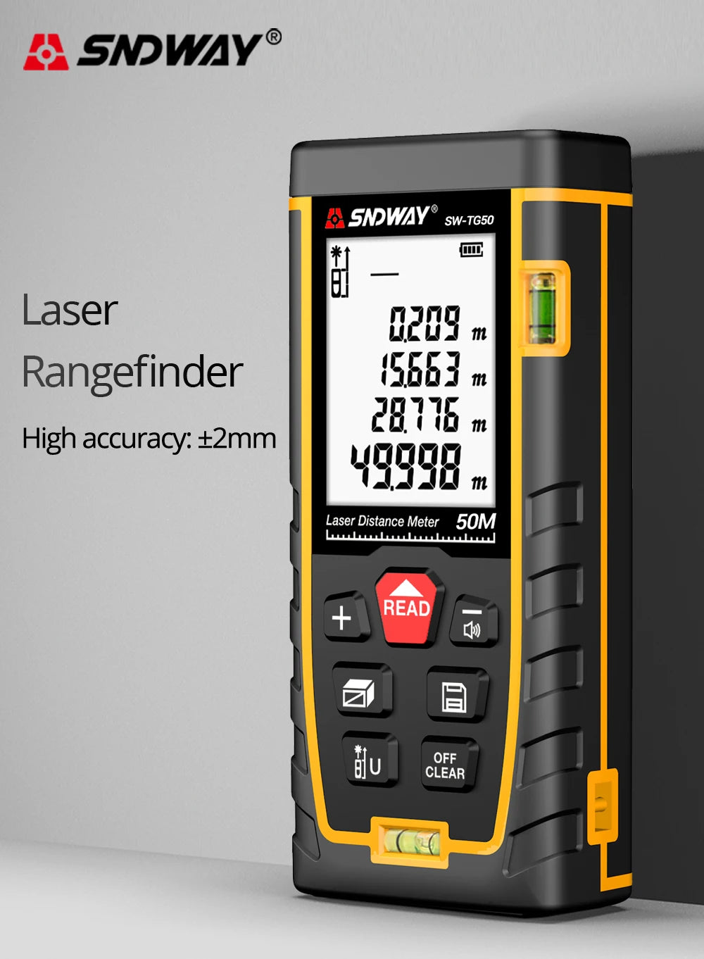 SNDWAY Laser Distance Meter 50M 70M 100M 120M Digital Tape Measure Rangefinder with Distance Area Volume Self-calibration