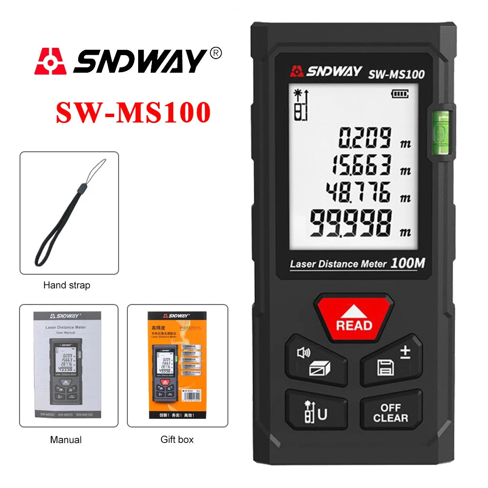SNDWAY Laser Distance Meter 50M 70M 100M 120M Digital Tape Measure Rangefinder with Distance Area Volume Self-calibration