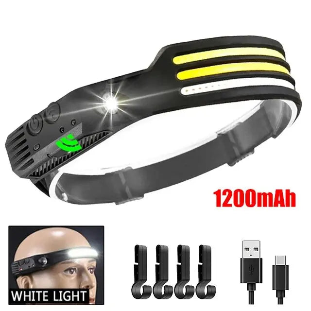 Headlamp LED com Iluminação de 230° – Super Brilhante, Sensor de Movimento e Recarregável via USB-C
