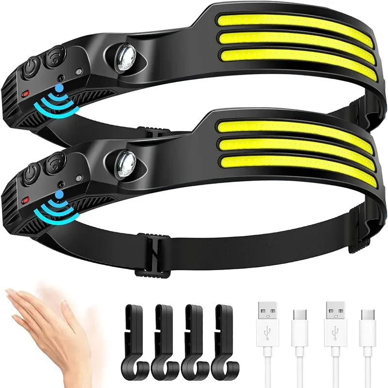 Headlamp LED com Iluminação de 230° – Super Brilhante, Sensor de Movimento e Recarregável via USB-C