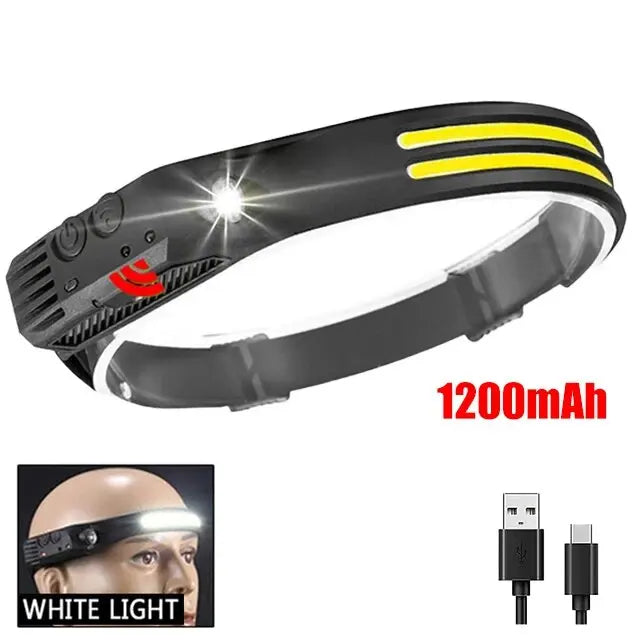 Headlamp LED com Iluminação de 230° – Super Brilhante, Sensor de Movimento e Recarregável via USB-C