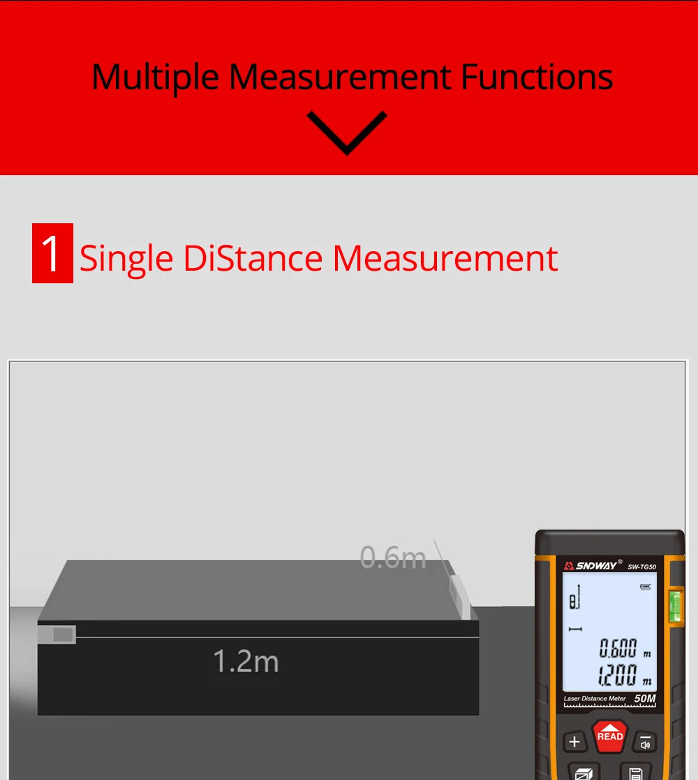 SNDWAY Laser Distance Meter 50M 70M 100M 120M Digital Tape Measure Rangefinder with Distance Area Volume Self-calibration