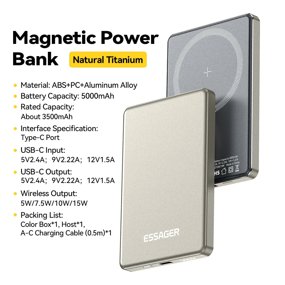 Essager Power Bank Wireless 5000mAh – Carregamento Rápido e Sem Fios em um Design Ultrafino
