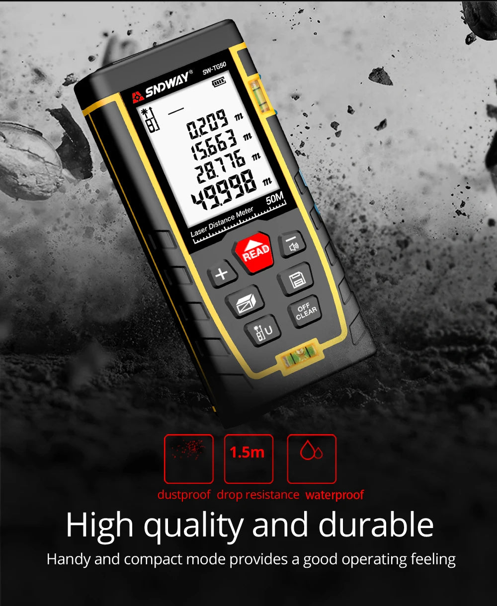 SNDWAY Laser Distance Meter 50M 70M 100M 120M Digital Tape Measure Rangefinder with Distance Area Volume Self-calibration