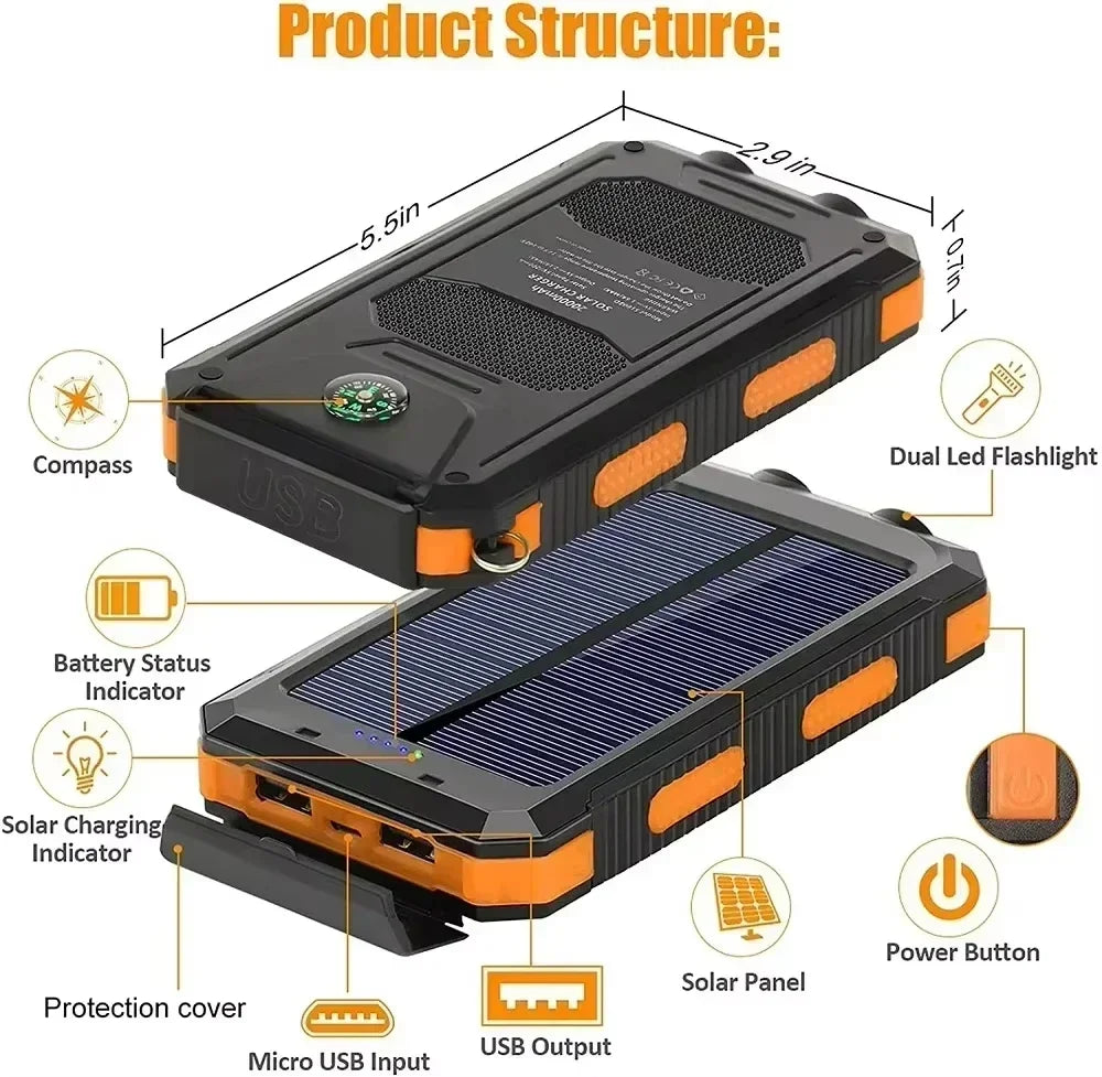 Solar Power Bank 200000mAh — Energia Portátil com Painel Solar, Lanterna e Carregador Tudo em 1