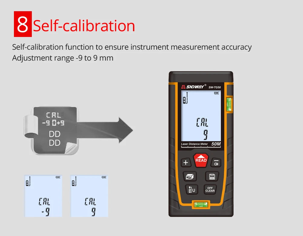 SNDWAY Laser Distance Meter 50M 70M 100M 120M Digital Tape Measure Rangefinder with Distance Area Volume Self-calibration