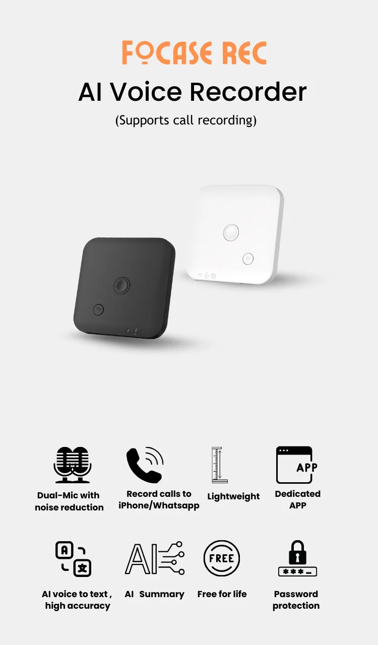 Gravador de Áudio Inteligente FoCase Rec – Compacto, Potente e com IA Integrada