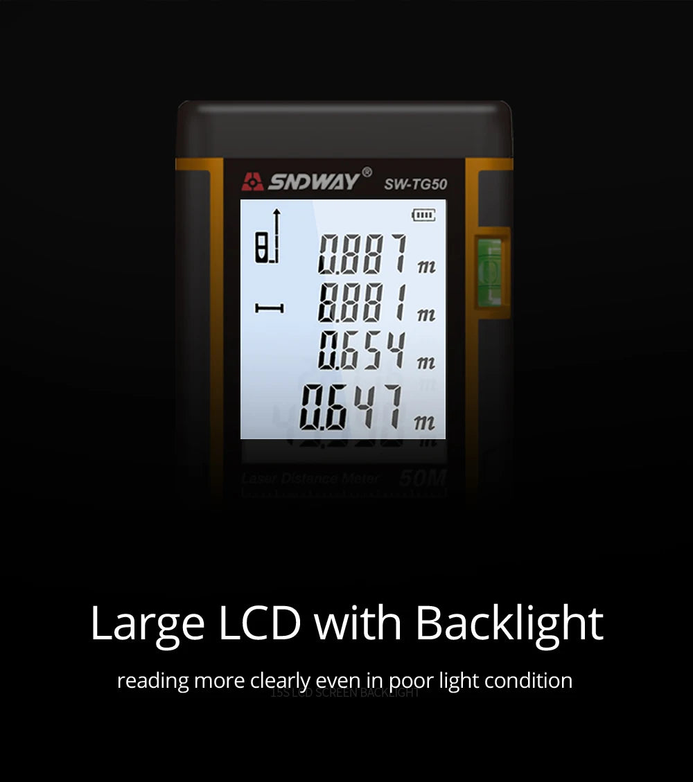 SNDWAY Laser Distance Meter 50M 70M 100M 120M Digital Tape Measure Rangefinder with Distance Area Volume Self-calibration
