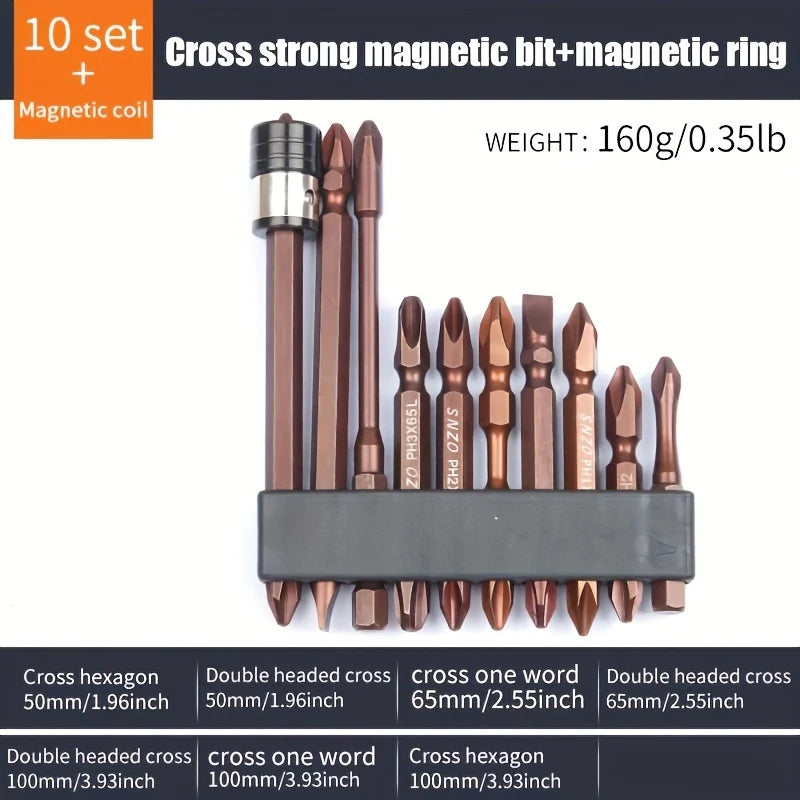 Kit 10pcs Bits de Broca Magnéticos para Parafusadeira – S2 Aço Liga, Design Anti-Derrapante e Dentes Finos