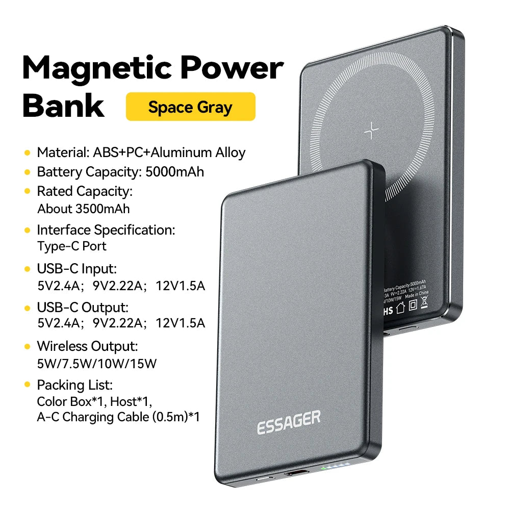 Essager Power Bank Wireless 5000mAh – Carregamento Rápido e Sem Fios em um Design Ultrafino