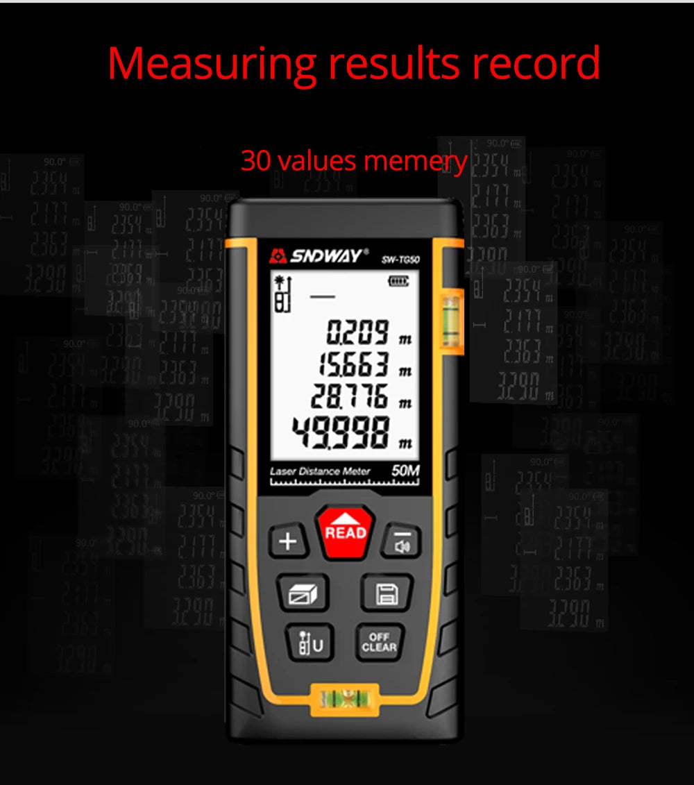 SNDWAY Laser Distance Meter 50M 70M 100M 120M Digital Tape Measure Rangefinder with Distance Area Volume Self-calibration