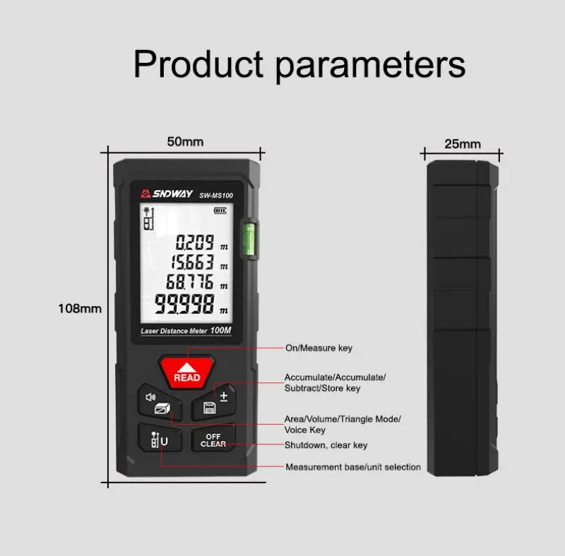 SNDWAY Laser Distance Meter 50M 70M 100M 120M Digital Tape Measure Rangefinder with Distance Area Volume Self-calibration