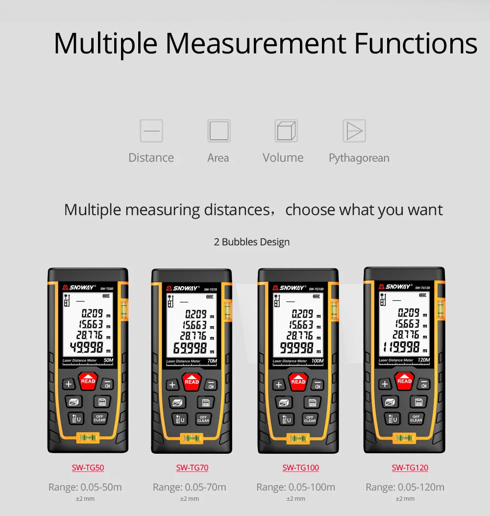 SNDWAY Laser Distance Meter 50M 70M 100M 120M Digital Tape Measure Rangefinder with Distance Area Volume Self-calibration