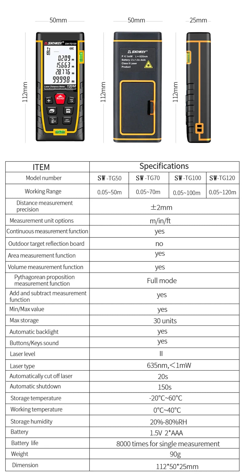 SNDWAY Laser Distance Meter 50M 70M 100M 120M Digital Tape Measure Rangefinder with Distance Area Volume Self-calibration