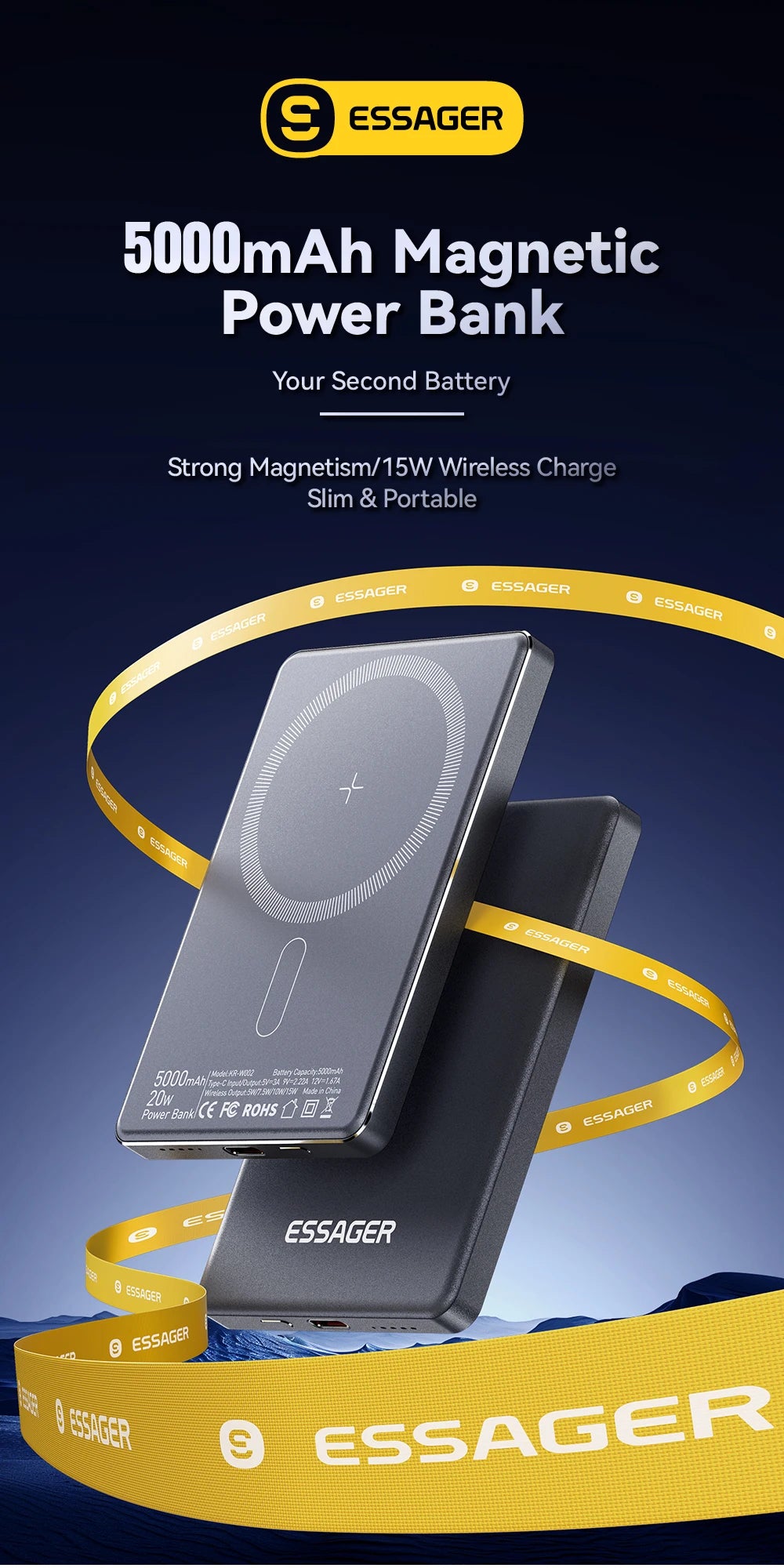 Essager Power Bank Wireless 5000mAh – Carregamento Rápido e Sem Fios em um Design Ultrafino