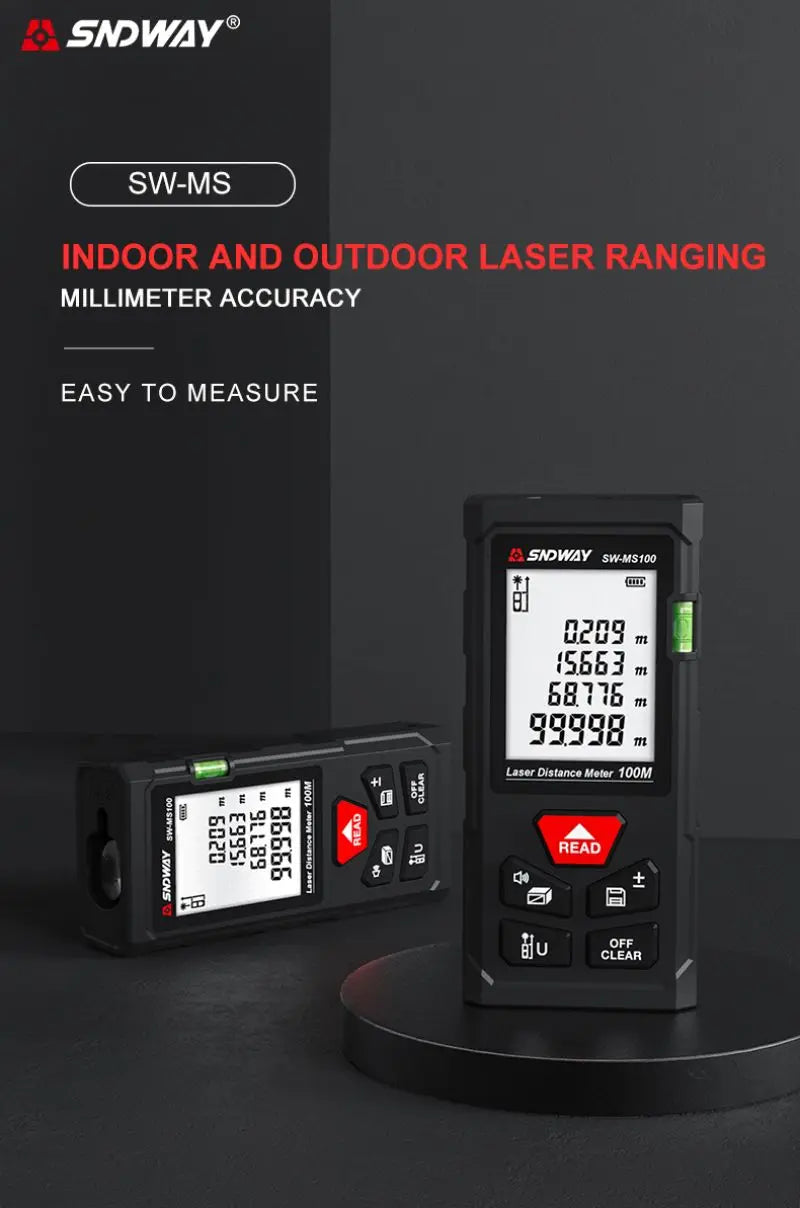 SNDWAY Laser Distance Meter 50M 70M 100M 120M Digital Tape Measure Rangefinder with Distance Area Volume Self-calibration
