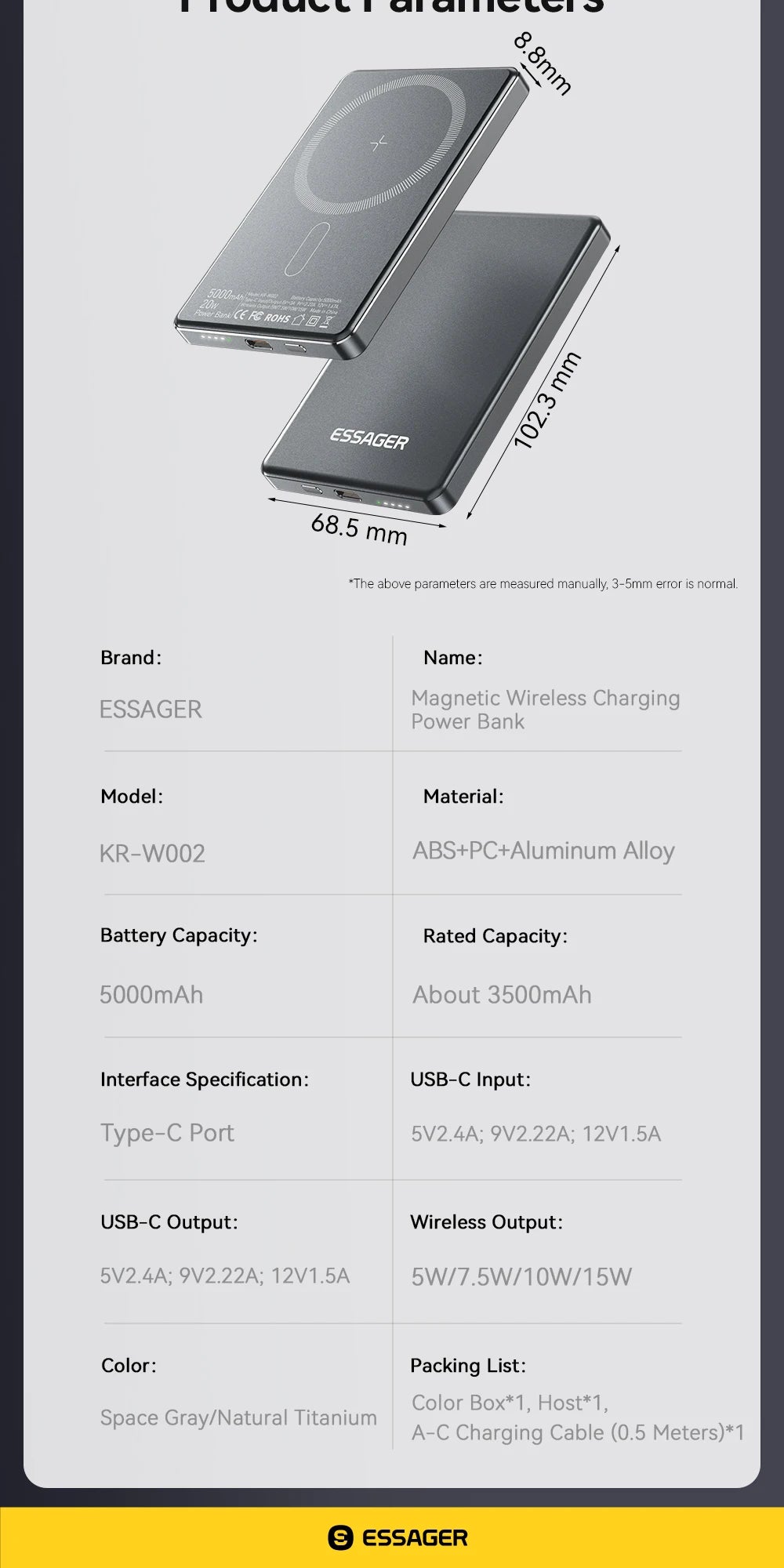 Essager Power Bank Wireless 5000mAh – Carregamento Rápido e Sem Fios em um Design Ultrafino