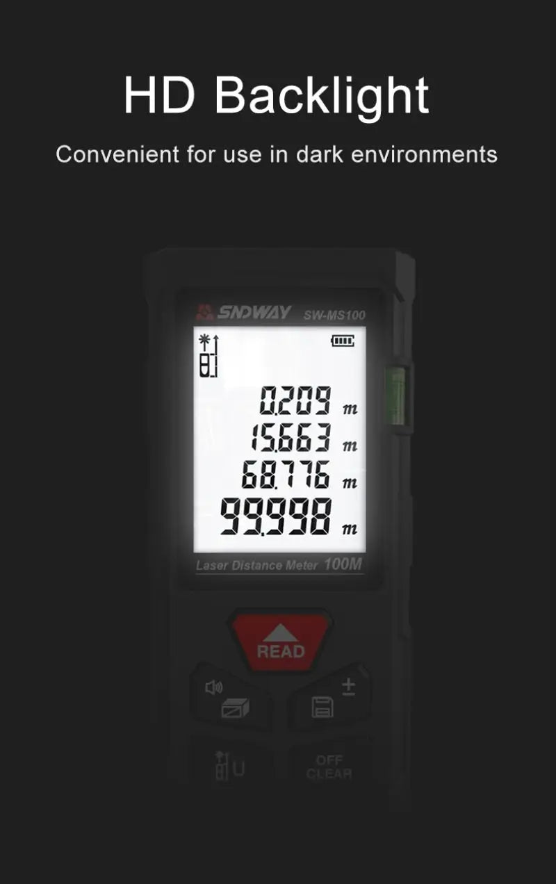 SNDWAY Laser Distance Meter 50M 70M 100M 120M Digital Tape Measure Rangefinder with Distance Area Volume Self-calibration