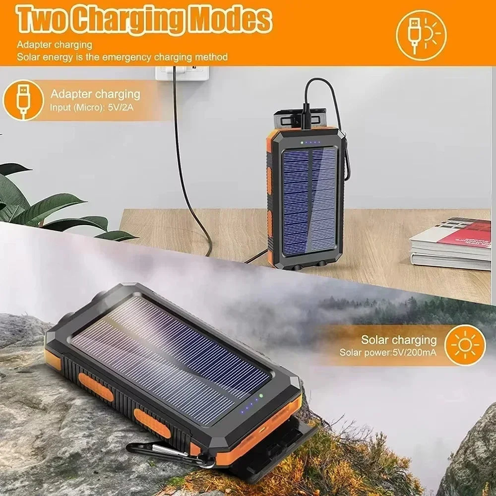 Solar Power Bank 200000mAh — Energia Portátil com Painel Solar, Lanterna e Carregador Tudo em 1