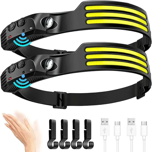 Headlamp LED com Iluminação de 230° – Super Brilhante, Sensor de Movimento e Recarregável via USB-C