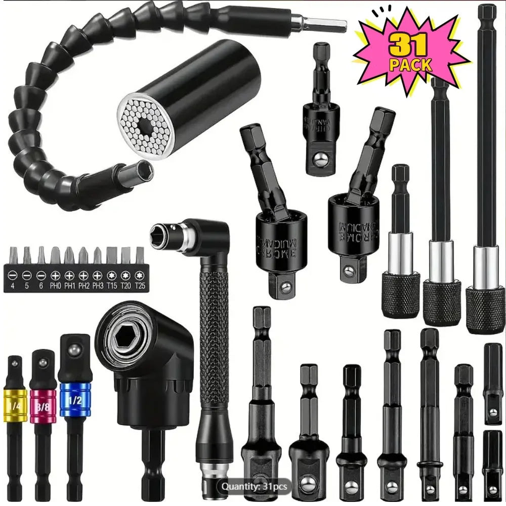 Kit Completo de Extensões e Adaptadores para Furadeira – Flexível, Rotativo e Multifuncional!