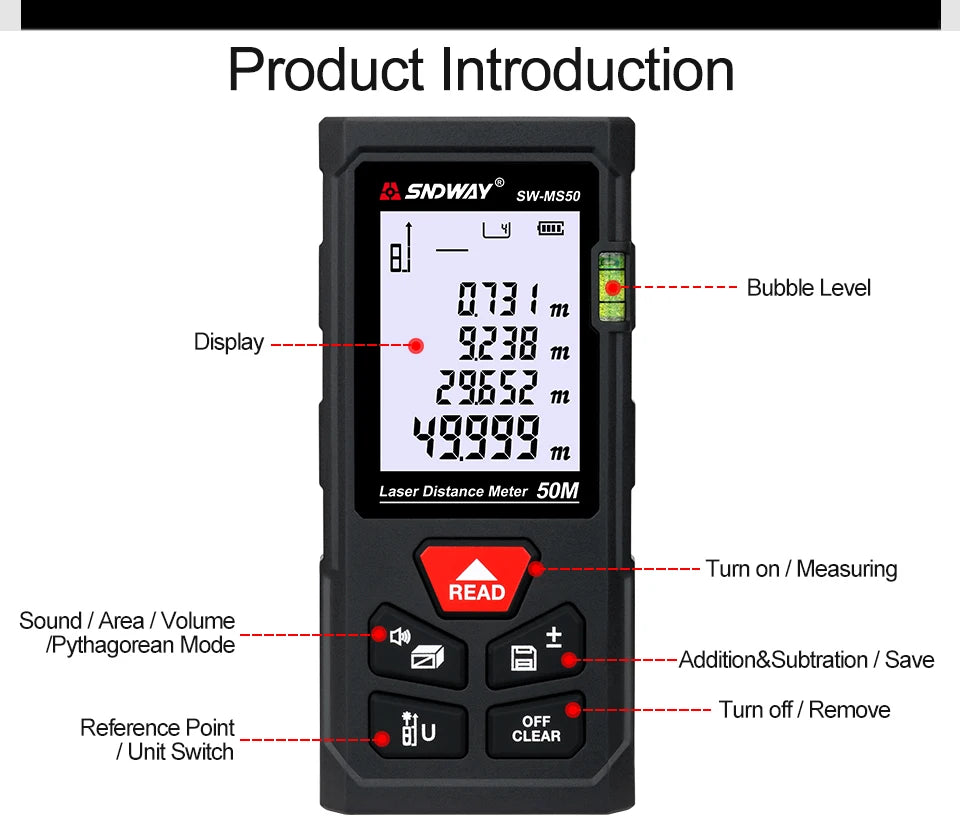 SNDWAY Laser Distance Meter 50m 70m 100m 120m Rangefinder Digital Range Finder Trena Roulette Ruler Distance Measuring Tape