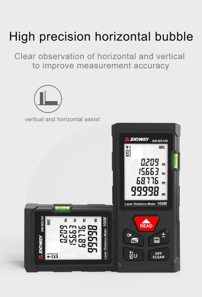 SNDWAY Laser Distance Meter 50M 70M 100M 120M Digital Tape Measure Rangefinder with Distance Area Volume Self-calibration
