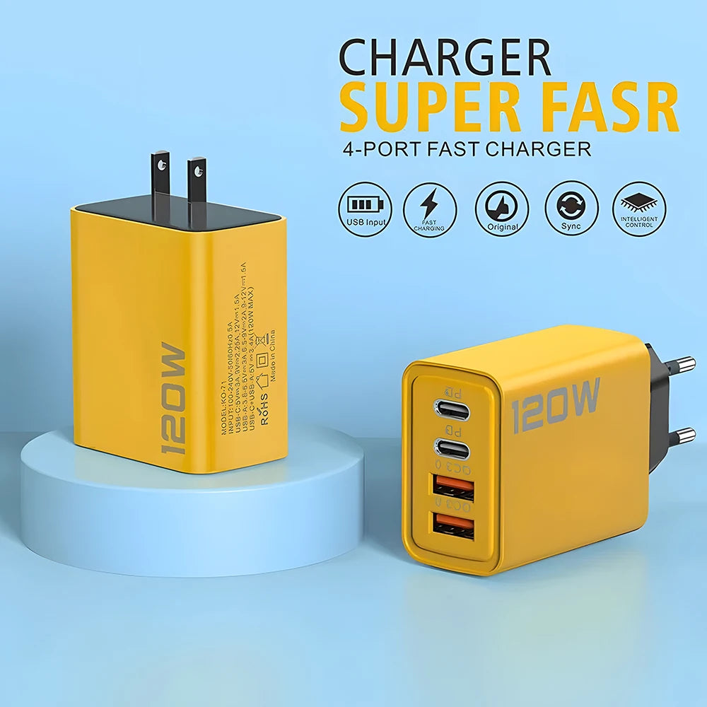 Carregador Inteligente com 4 Entradas USB – 120W de Potência, Carregamento Rápido e Seguro